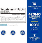 Vitalibre 10 in 1 Magnesium Complex, 420mg Elemental Magnesium | Ultra Strength, Max Absorption | Chelated Magnesium Supplement for Nerves, Bone & Heart Health | Non-GMO, 180 Vegan Capsules