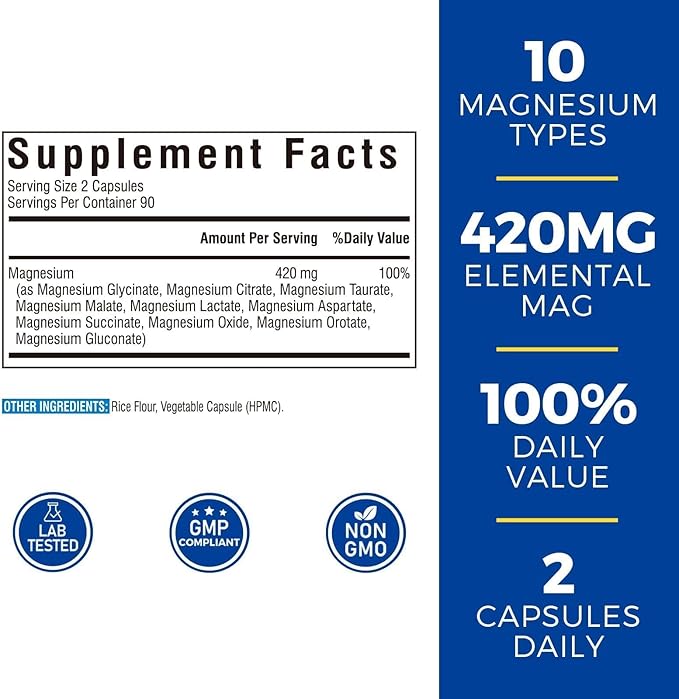 Vitalibre 10 in 1 Magnesium Complex, 420mg Elemental Magnesium | Ultra Strength, Max Absorption | Chelated Magnesium Supplement for Nerves, Bone & Heart Health | Non-GMO, 180 Vegan Capsules