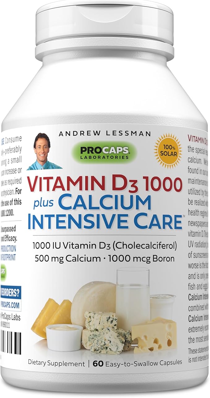 ANDREW LESSMAN Vitamin D3 1000 Plus Calcium Intensive Care 60 Capsules - Essential for Calcium Absorption, Supports Bone Health, Healthy Muscle Function. Gentle, Easy-to-Absorb. No Additives