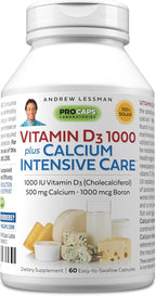 ANDREW LESSMAN Vitamin D3 1000 Plus Calcium Intensive Care 60 Capsules - Essential for Calcium Absorption, Supports Bone Health, Healthy Muscle Function. Gentle, Easy-to-Absorb. No Additives