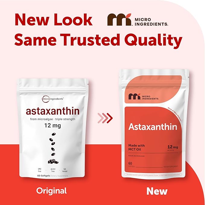 Micro Ingredients Astaxanthin 12mg with MCT Oil, 60 Softgels | Fresh Microalgae Source | Triple Strength, Easy to Swallow, Non-GMO, Gluten Free, Soy Free