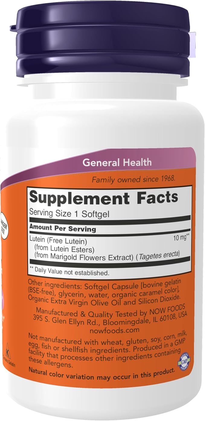 NOW Foods Supplements, Lutein 10 mg with 10 mg of Free Lutein from Lutein Esters, 120 Softgels