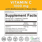 Viva Naturals Vitamin C, 1000 mg, 250 Vegetarian Capsules – with Citrus Bioflavonoids & Rose HIPS, Non-GMO for Immune Support & Antioxidant Protection