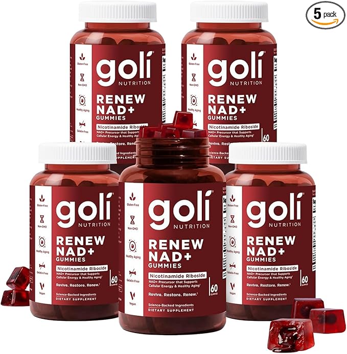 Goli World’s First Renew NAD+, 60 Count Each (5 Pack, 300 Total) – Nicotinamide Riboside (NR) – Cellular Energy & Healthy Aging Support – Vegan, Non-GMO, Gelatin-Free Liquid-Center Gummies
