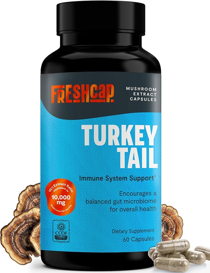 FreshCap Turkey Tail Mushroom Supplement 10,000mg – Organic Mushrooms, Turkey Tail Extract for Immune Support Supplement, Mushroom Supplement Capsules, Ayurveda Immunity Supplement (60 Capsules)