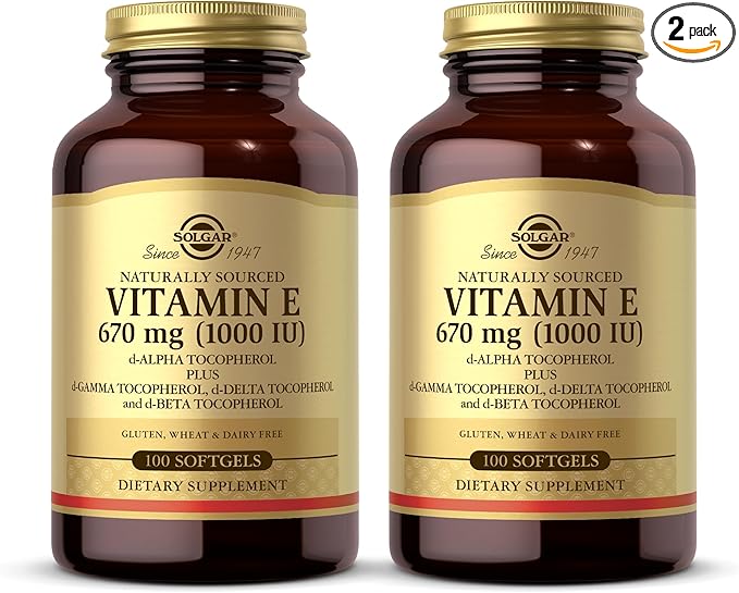 Solgar Vitamin E 670 mg (1000 IU) - 100 Softgels, Pack of 2 - Naturally Sourced - Gluten Free, Dairy Free - 200 Total Servings