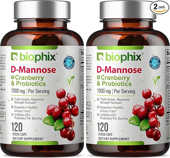 biophix D-Mannose 1000mg Capsules with Cranberry & Probiotics - D Mannose Supplements for Women - D-Mannose Pills for Urinary Tract & Bladder Health Support - Digestive Well-Being - 120 Vcaps 2 Pack