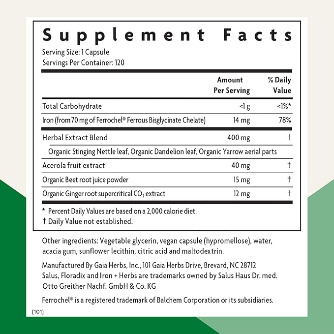 Floradix Iron + Herbs - Iron Supplement for Healthy Energy Support* - Supports Red Blood Cell Formation - Vegan, Non-GMO, Gluten-Free, Soy-Free - 120 Liquid Phyto-Caps
