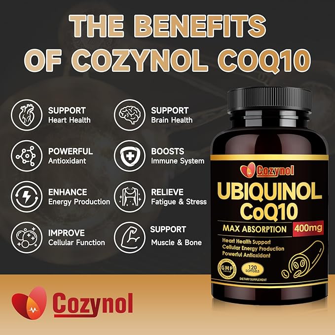 Ubiquinol CoQ10 400mg Softgels with Vitamin E & Omega-3, Max-Absorption Coenzyme Q10, Powerful Antioxidant, Supports Heart Health & Energy-Production,120 Count, Non-GMO