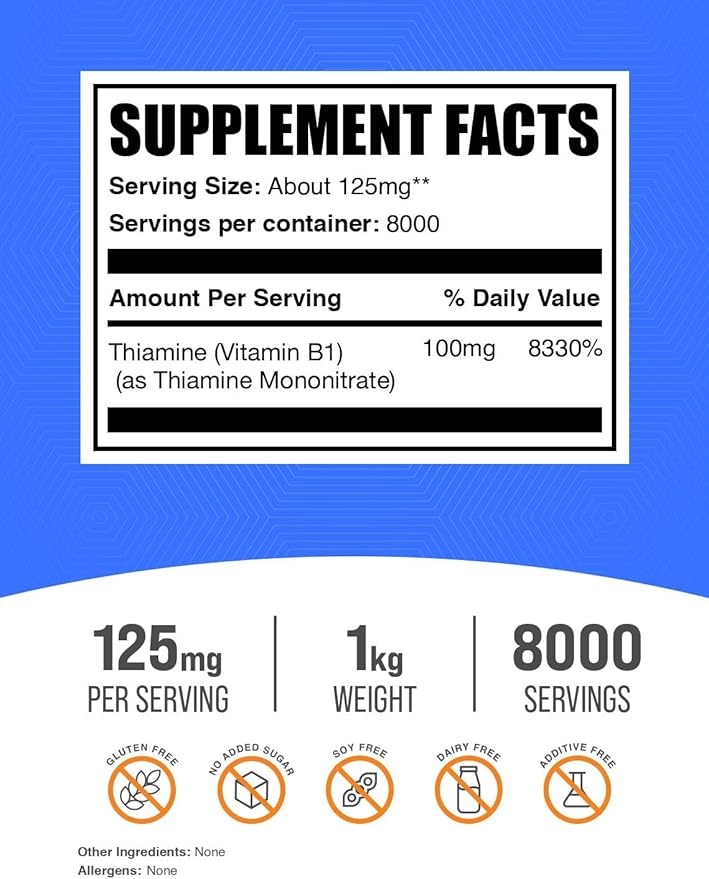 BulkSupplements.com Thiamine Mononitrate Powder - Vitamin B1 Powder, Thiamine B1 Supplement - B1 Vitamins, Gluten Free, 125mg per Serving, 1kg (2.2 lbs) (Pack of 1)
