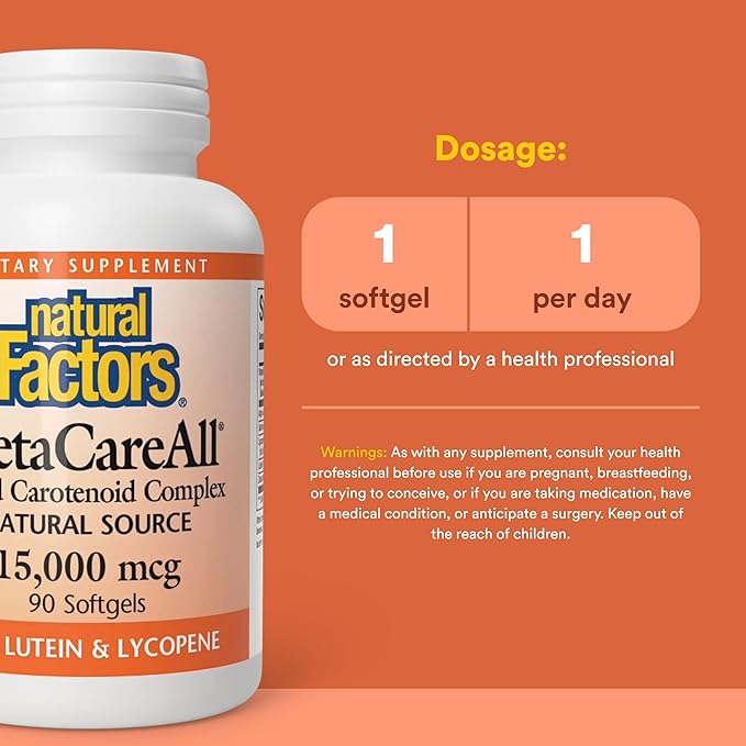 Natural Factors BetaCareAll 15,000 mcg - Mixed Carotenoid Supplement - Supports Healthy Skin, Hair, Eyes & Teeth - Provides Immune Support - Antioxidants & Vitamin A - 90 Softgels (90 Servings)