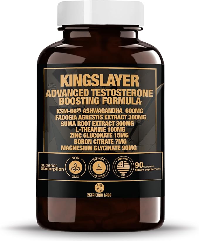 Kingslayer: 7-in-1 Testosterone Booster for Men w/KSM-66, Fadogia, Suma Root, L-Theanine, Zinc, Boron, Magnesium – Muscle, Energy, Libido & Focus