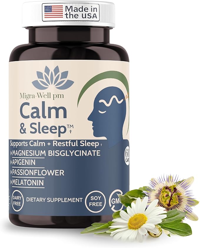 Migra-Well PM Sleep Aid for Adults – Magnesium Bisglycinate with Apigenin & Passionflower for Calm, Deep Sleep & Nerve Support – Non-Habit Forming, Plant-Based Sleep Supplement, 60 Capsules