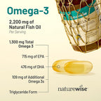 NatureWise Ultra Omega 3 Fish Oil 2200 mg – 1300 mg Omega-3 - Triglyceride Form - Lemon Flavor - Wild-Caught Fish Oil + EPA & DHA - Burpless, Non-GMO - 120 Softgels[2-Month Supply]