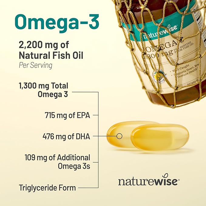 NatureWise Ultra Omega 3 Fish Oil 2200 mg – 1300 mg Omega-3 - Triglyceride Form - Lemon Flavor - Wild-Caught Fish Oil + EPA & DHA - Burpless, Non-GMO - 60 Softgels[1-Month Supply]