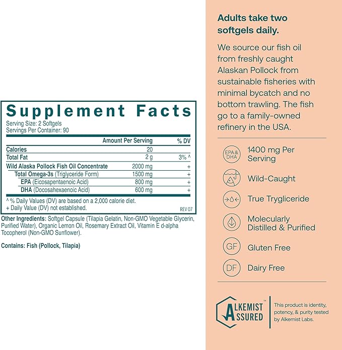 True Grace Omega-3 Fish Oil - 180 Softgels - 1400 mg EPA + DHA - Brain, Heart, Joint & Immune Health - Organic, Gluten Free, Soy Free
