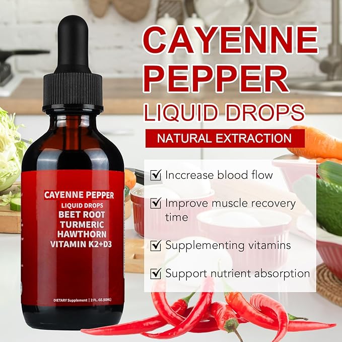 Cayenne Pepper Drops, Cayenne Pepper Hawthorn Beet Root Turmeric Curcumin, Vitamin K2 & D3, Cayenne Health Supplements, Gentle Formula, Vegan-Friendly, Easily Absorbed - 60ml