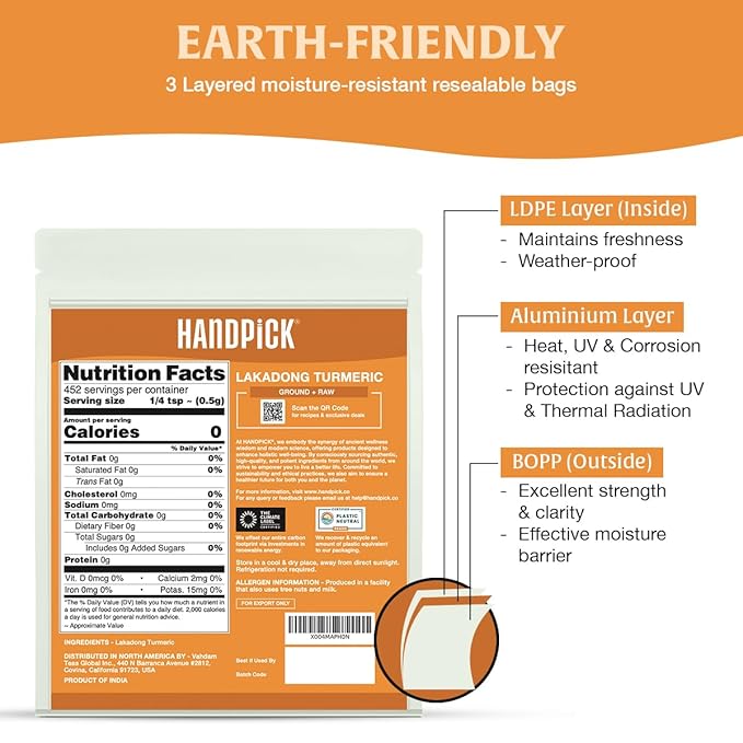 HANDPICK Lakadong High Curcumin Turmeric Powder (226g/ 8oz) Non GMO, Gluten Free, 100% Raw, Sourced from India, High Curcumin, Premium Quality, Packed in Resealable Ziplock Pouch