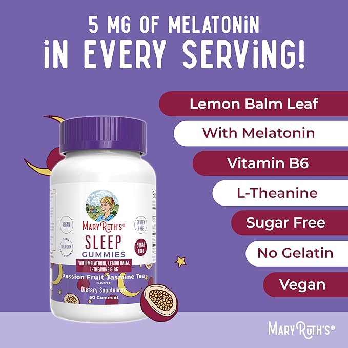 MARYRUTH'S Melatonin 5mg Sleep Gummy with L-Theanine | Lemon Balm | Vitamin B6 | Sugar-Free | Relaxation | Vegan | Non-GMO | Gluten Free | 60 Count