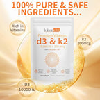 2 Bag Vitamin D3 K2 Supplement Softgel, Vitamin D3 K2 Softgel with 10000 IU Supports Immune, Heart, Teeth & Bone Health, Free of GMO, Gluten, Soy