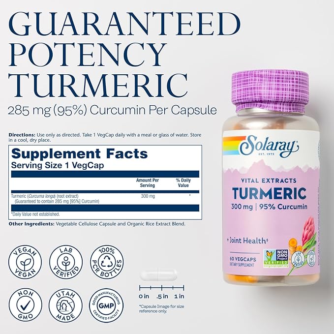 SOLARAY Turmeric Supplement 300 mg - Turmeric Root Extract with 95% Curcumin - Joint Support Supplement for Joint Health and Comfort - Non-GMO, Vegan, Gluten Free, 60-Day Guarantee, 60 Servings