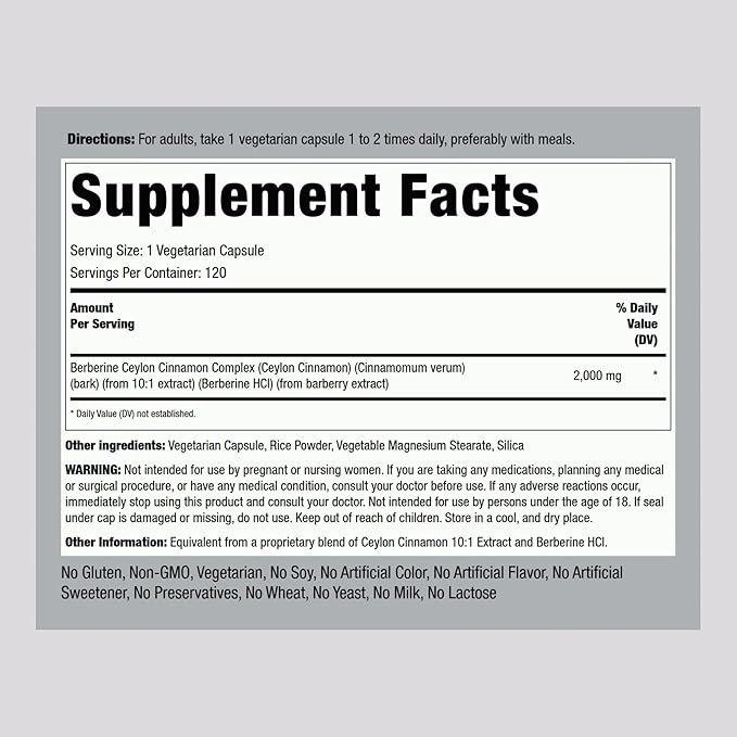Piping Rock Berberine HCI Ceylon Cinnamon Complex | 120 Capsules | Herbal Extract Supplement | Vegetarian, Non-GMO & Gluten Free Formula