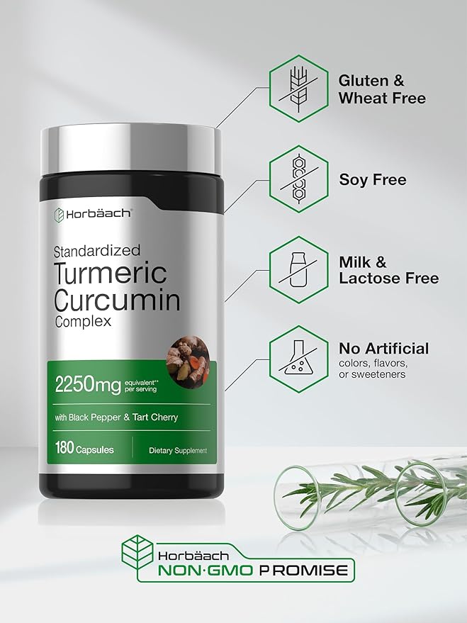 Horbäach Turmeric Curcumin Supplement | 180 Capsules | with Black Pepper & Tart Cherry | Non-GMO & Gluten Free