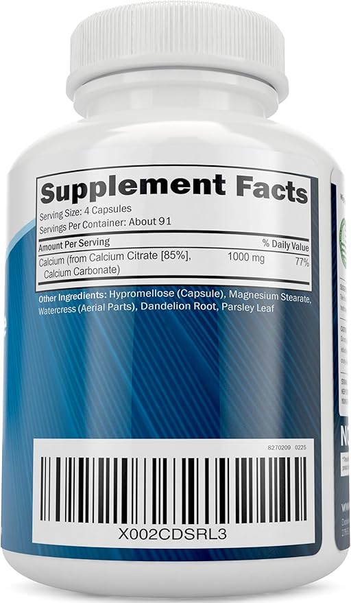 Calcium Citrate 1000mg | Healthy Bone & Teeth Support | High Absorption Cal Citrate | Gentle on Digestion | Vegan & Non-GMO | 3 Month Supply | Calcium Supplements for Women & Men | 365 Capsules