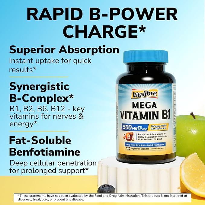 Vitamin B1 500 MG, with Vitamin B12, B6, B2, B1 Vitamin B Complex, Vegan, 120 Capsules