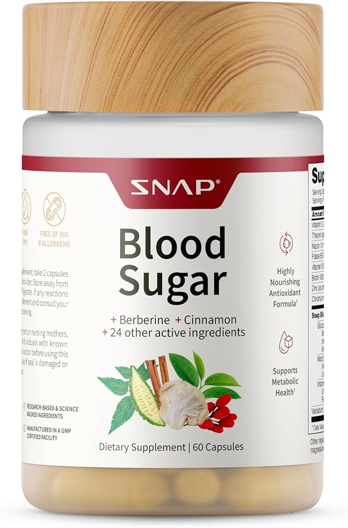 Snap Supplements Blood Sugar Blend with Berberine, CoQ10, Cinnamon, and Gymnema to Support Already Healthy Blood Sugar, Metabolic Health and Energy, Sugar Free, 60 Capsules (Packaging May Vary)