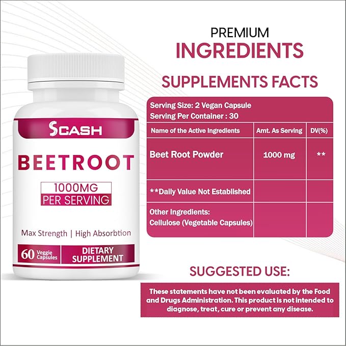 scash Beet Root Capsules - 1000mg Per Serving - 60 Beet Root Powder Capsules - (Pure, Non-GMO & Gluten Free