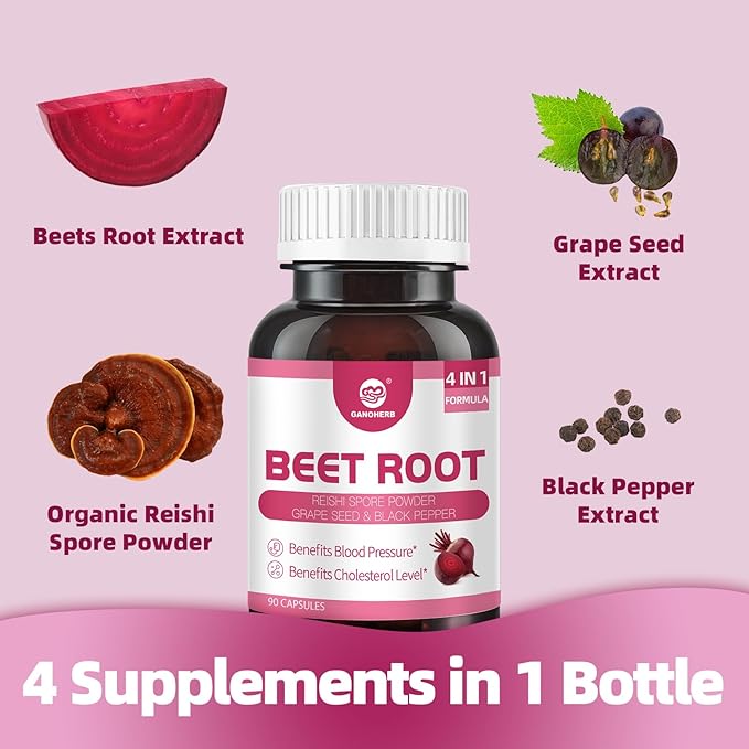 Beet Root Capsules 24000mg with Grape Seed Extract, Reishi Mushroom, Black Pepper, Beet Root Supplement 4 in 1 for Nitric Oxide and Health Circulation, 90 Rapid Release Capsules