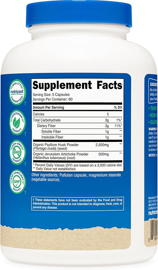 Nutricost Fiber Capsules with Prebiotic Fiber Supplement 300 Capsules - Made with Organic Psyllium Husk & Organic Jerusalem Artichoke, 60 Servings, Gluten Free, 3 G Per Serving