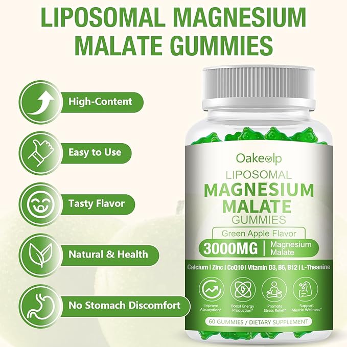 2 Pack Liposomal 3000mg Magnesium Malate Gummies Supplement,Complex Creatine Monohydrate,Folate, Active B12 & D3, L-Theanine & CoQ10, for Stress Relief,Methylation, Energy, Muscle & Calm