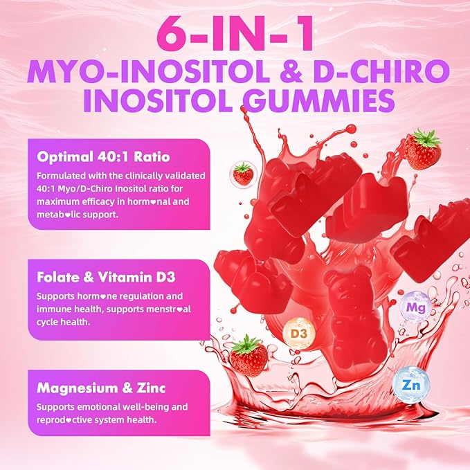 softbear Inositol Supplement for Women, Myo-Inositol & D-Chiro Inositol Gummies Ideal 40:1 Ratio for Female Health & Wellness, Sugar-Free/Veagn/GMO-Free, Strawberry Flavor, 60 Count