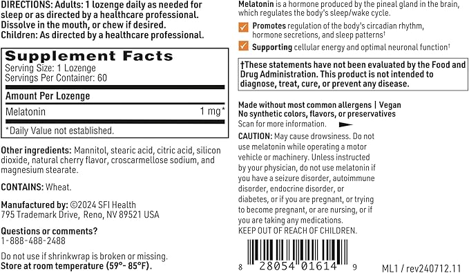Klaire Labs SFI Health Melatonin Lozenge - Fast-Dissolving, Quick Release 1 Milligram Melatonin Tablets for Men & Women with Natural Cherry Flavor (60 Dissolvable Tablets)