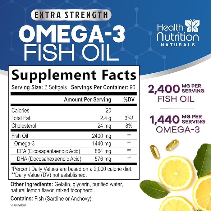 Omega 3 Fish Oil Supplements - 2400mg Fish Oil Per Serving - Triple Strength Omega-3 with EPA & DHA Fatty Acids - Natural Heart, Brain & Immune Support - Wild Caught, Bottled in USA - 180 Softgels