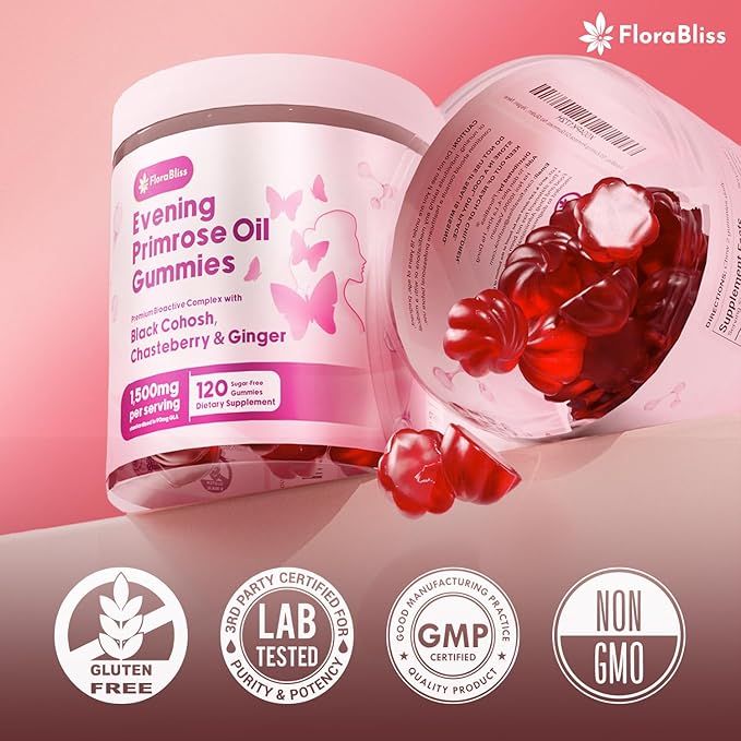 FloraBliss 120 Evening Primrose Oil Gummies | 1500mg | with Black Cohosh, Chasteberry, Ginger Extract for Daily Women's Wellness Support | Vegan, Non-GMO, Sugar-Free