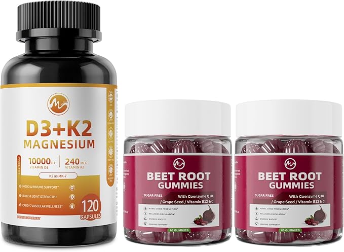M inch Vitamin D3 K2 Capsules & Beet Root Gummies for Bone, Immune, Blood* Pressure Support & Nitric Oxide Booster