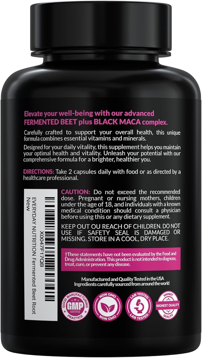 Organic Fermented Beet Root & Black Maca Capsules with Carrot, Spinach, Cranberry & Ginger | Superfood for Energy, Stamina & Wellness | 90 Veggie Capsules | Made in USA