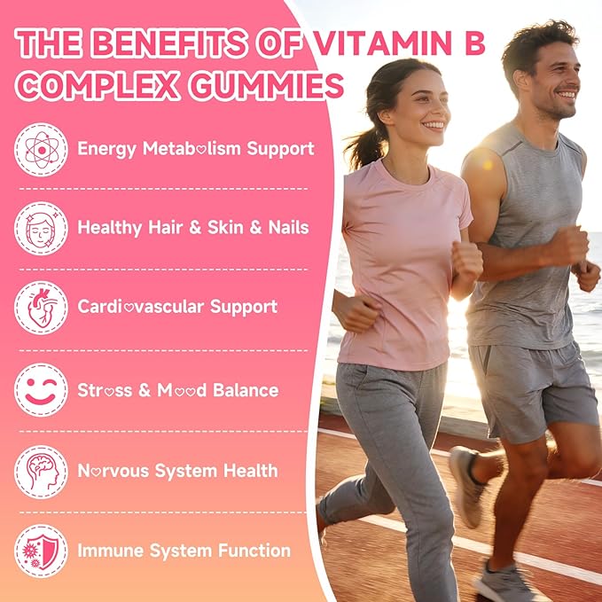 Vitamin B Complex Gummies for Women & Men - Vitamin B12, B1, B2, B3, B5, B6, B-Complex Vitamin Supplements for Energy & Immune Support, Sugar-Free/Vegan/Gluten-Free, Raspberry Flavor 60 Count