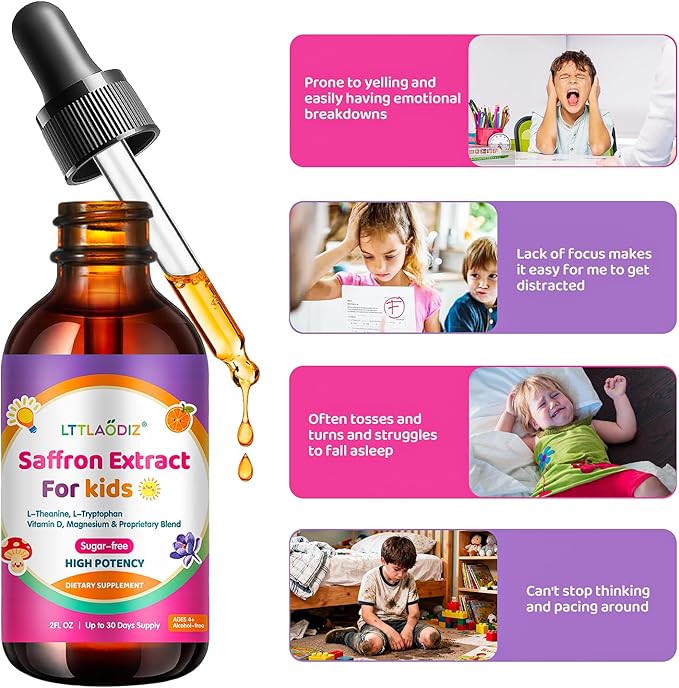 Liposomal Kids Saffron Drops – Organic Saffron Extract Liquid with Holy Basil, Passion, L-Theanine for Focus, Energy Support, Well-Being, Easy to Take Saffron Supplements for Kids, Vegan, 2 FL OZ