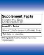 Vitamine B1 Thiamine TTFD, Thiamine Tetrahydrofurfuryl Disulfide, 50mg-250Capsules,Vegan,Non GMO,No Artificial fillers or Stearate additives.