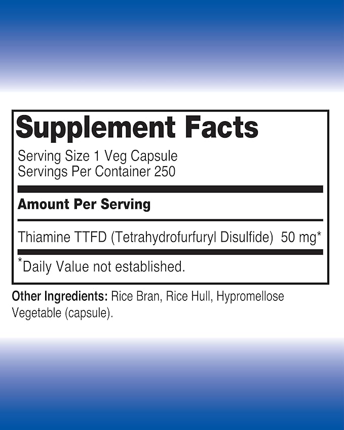 Vitamine B1 Thiamine TTFD, Thiamine Tetrahydrofurfuryl Disulfide, 50mg-250Capsules,Vegan,Non GMO,No Artificial fillers or Stearate additives.