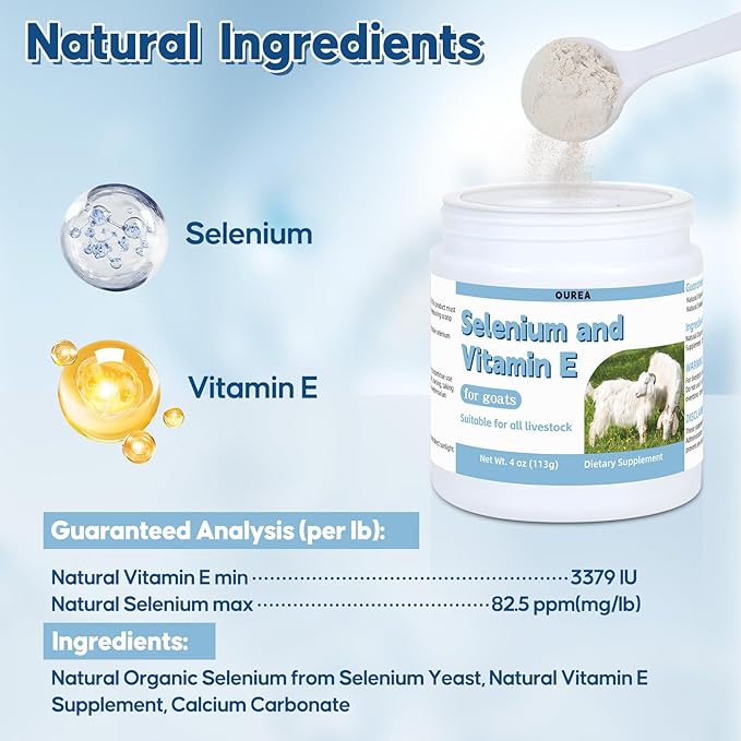 Selenium & Vitamin E Powder for Goat, Selenium Supplement for Goats, Immune System, Muscle Support & Relieve Stress Response, Selenium, Vitamin E Supplements, Goat Minerals, Suitable for All Livestock