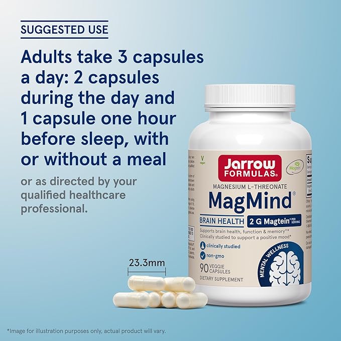 Jarrow Formulas Magnesium L-Threonate, MagMind Magtein Magnesium Supplement, Brain Supplements for Memory Support, 90 Veggie Capsules, Up to a 30 Day Supply