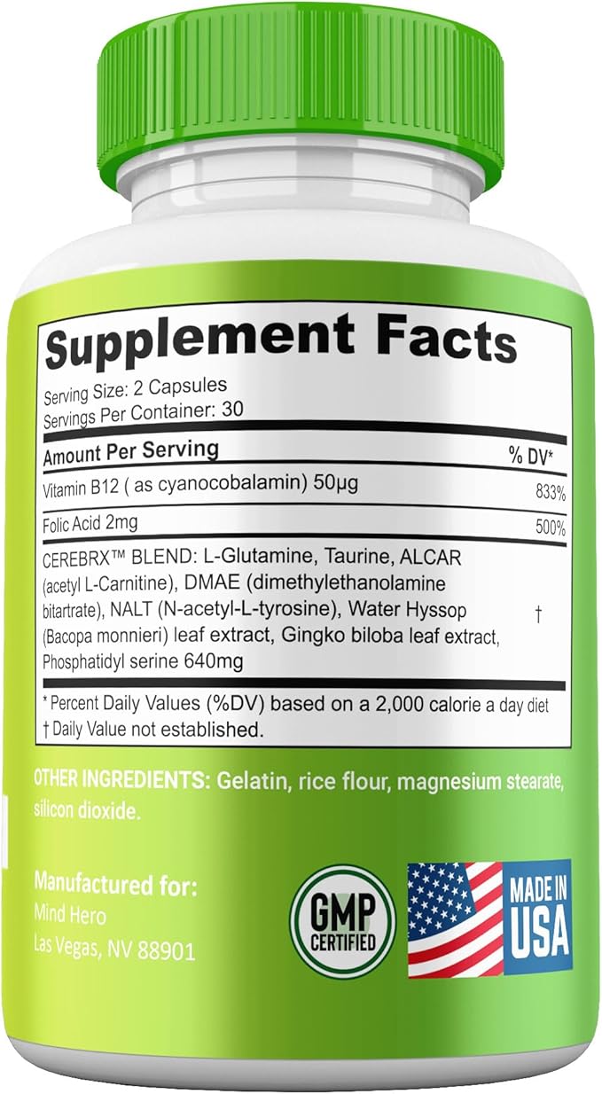 Mind Hero Supplement, All Natural Brain and Cognitive Capsules, Official Clarity and Focus Pills, 1 Month Supply (1 Pack)