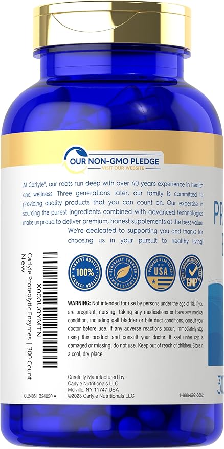 Carlyle Proteolytic Enzymes | 300 Capsules | Systemic Broad Spectrum Supplement | Vegetarian, Non-GMO & Gluten Free Formula