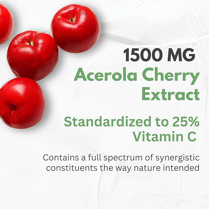 Natural Vitamin C from Organic Acerola Cherry - High Absorption - with Garlic Ginger & Citrus Bioflavonoids - Immune System & Collagen Booster - Anti Aging Skin Vitamins