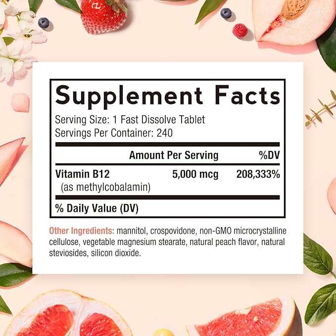 Doctor's Recipes Vitamin B12 Sublingual, Methylcobalamin 5000 mcg 240 Fast Dissolve Tablets, Natural Peach Flavor, Vegan Methyl, Energy Metabolism & Nervous System